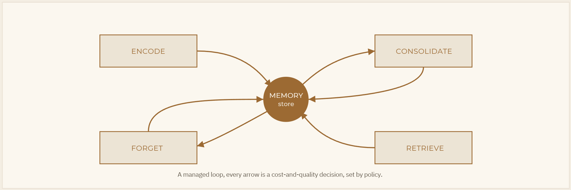 Fig. 2 — The memory lifecycle. Encoding is structured extraction, not transcript dumping [10][15]; consolidation distils episodes into insight [3]; retrieval keeps the window lean; forgetting bounds growth by explicit decay policy [11][14]. Every arrow is a cost-and-quality decision.
