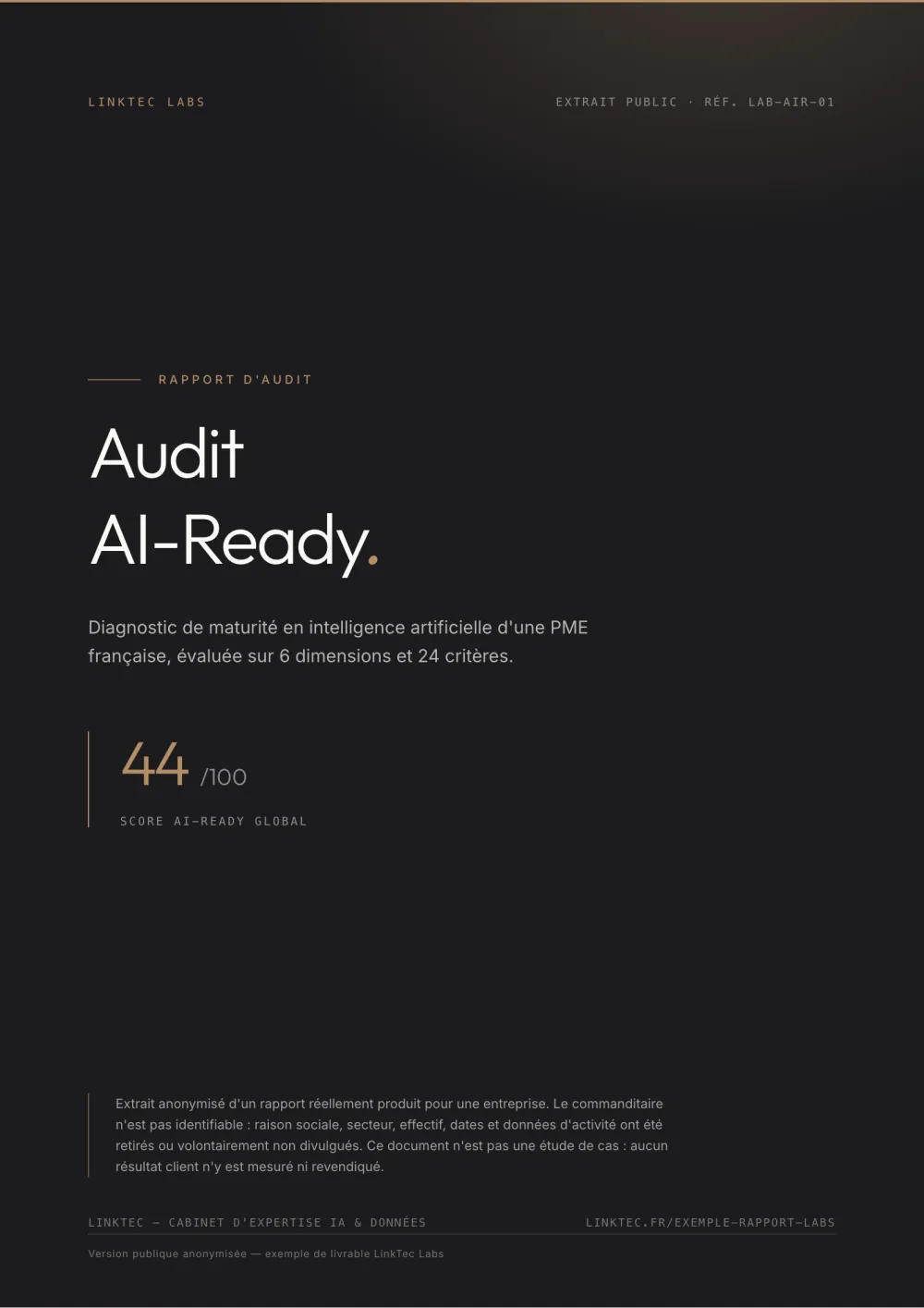 Couverture du rapport « Audit AI-Ready » affichant un score global de 44 sur 100.