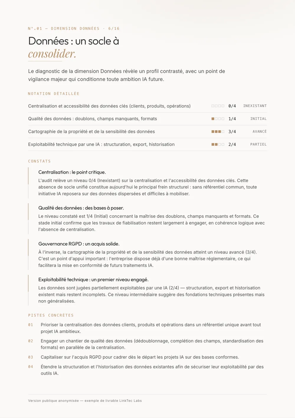 Page « Données : un socle à consolider » : notation des quatre critères, constats rédigés et pistes concrètes.
