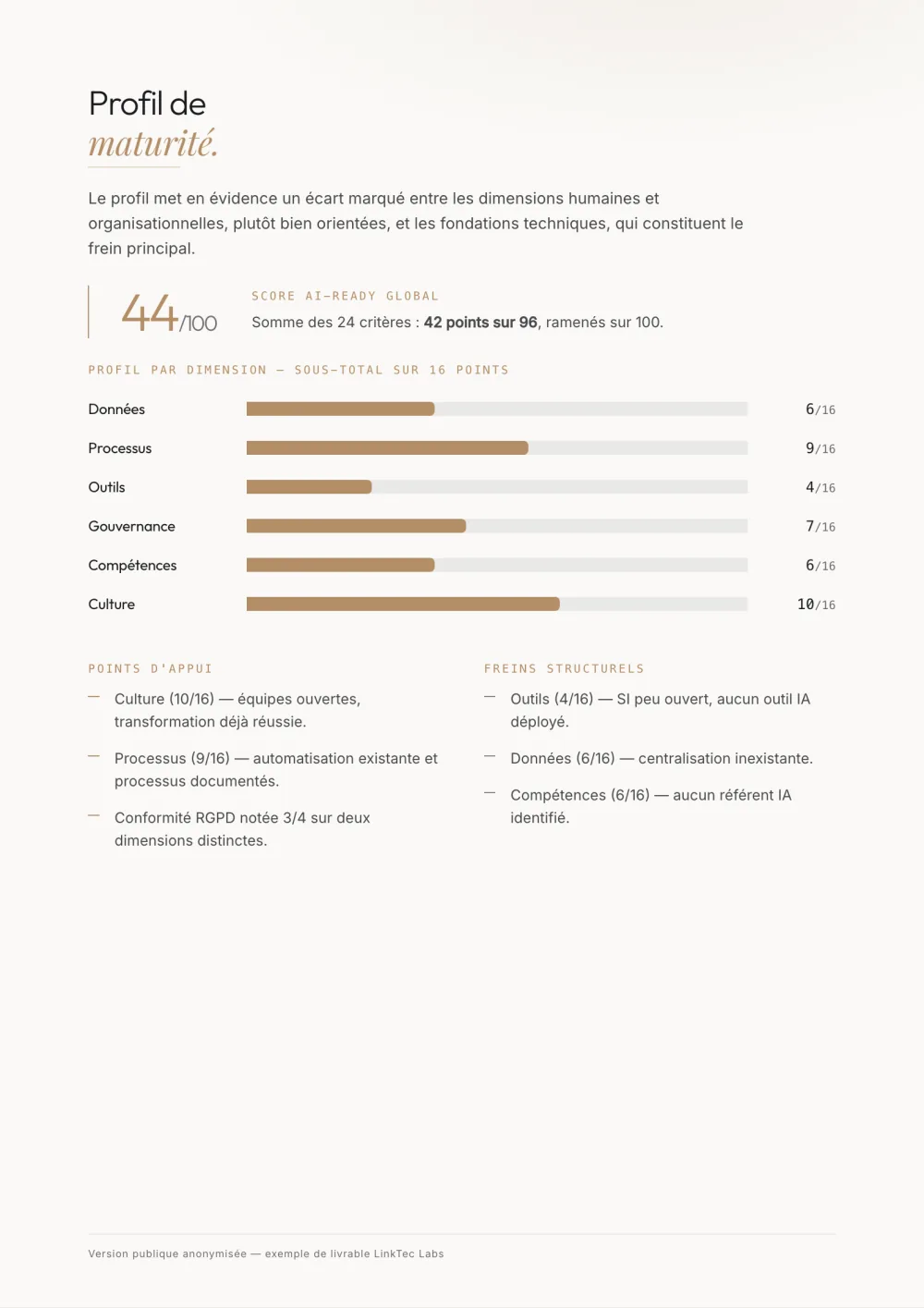 Page « Profil de maturité » du rapport : score de 44 sur 100 et diagramme en barres des six dimensions évaluées.