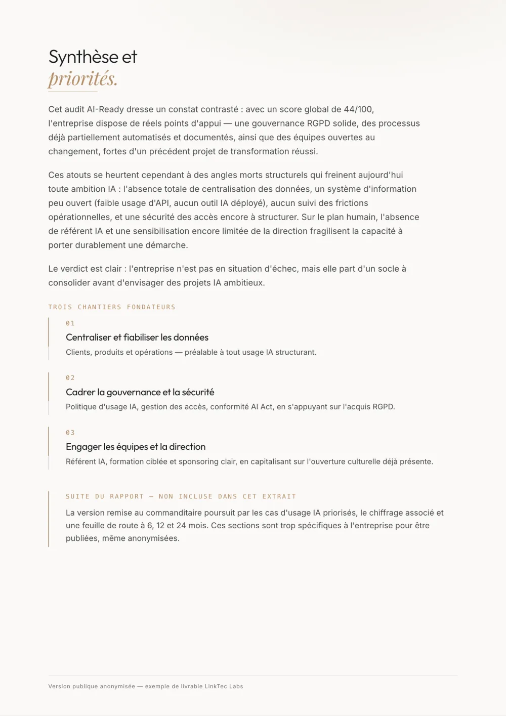 Page « Synthèse et priorités » : trois paragraphes de synthèse suivis des trois chantiers fondateurs identifiés.