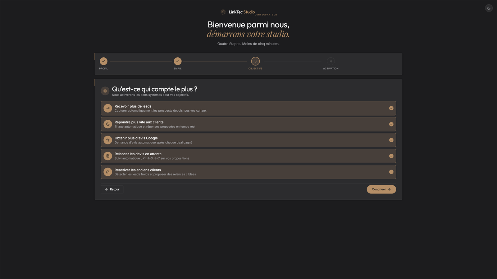خطوة تحديد الأهداف — اختيار الأولويات وتفعيل الأنظمة في LinkTec Studio